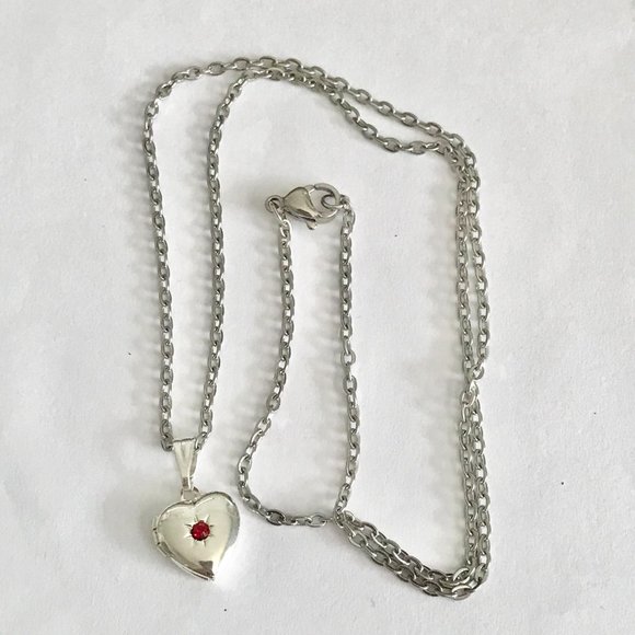 Vintage Silver Heart Locket Necklace Dainty Small Charm 18" Plated Red Stone - Picture 8 of 10